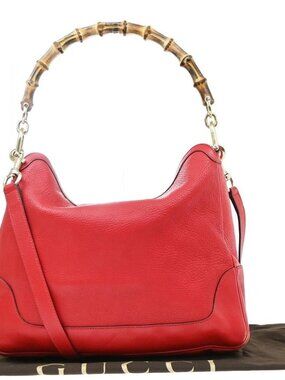GUCCI Logo Bamboo Handle 2way Shoulder Hand Bag Leather Red GHW Italy 83MA842